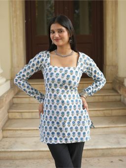 KRUTICO - Neel Kamal Off White Floral Round Neck Full Sleeve Cotton Short Kurti