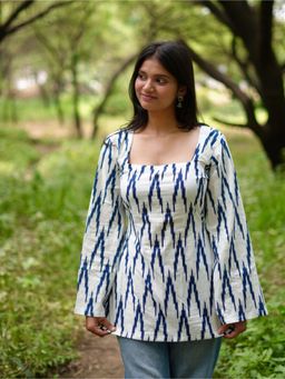 KRUTICO - Ocean Wave Indigo Printed Square Neck Bell Sleeve Chanderi Cotton Short Kurti