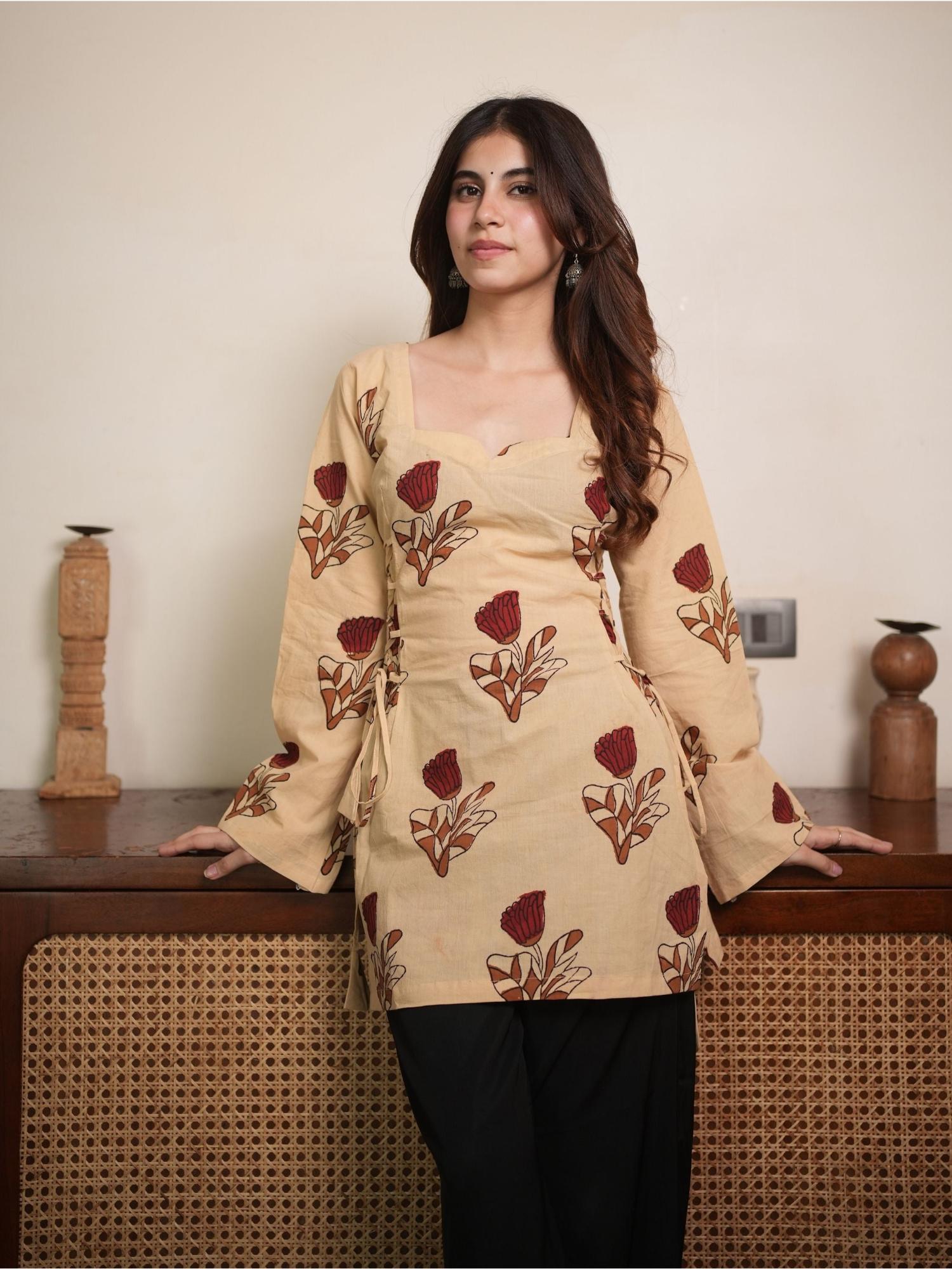 Phool Bloom Beige Floral Bell Sleeve Cotton Short Kurti for Women-image-8