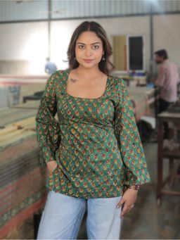 KRUTICO - Raag Green Chanderi Cotton Floral Square Neck Bell Sleeve Short Kurti