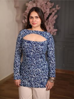 KRUTICO - Aarohi Indigo Convertible Square Neck Full Sleeve Printed Cotton Short Kurti Set