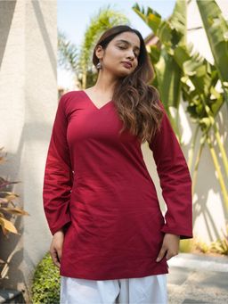 KRUTICO - Cherry Glow Maroon V-Neck Bell Sleeve Poplin Short Kurti for Women
