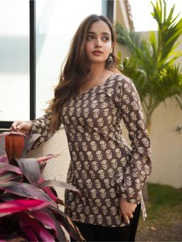 KRUTICO - Daisy Dream Brown Floral Bell Sleeve Cotton Short Kurti for Women