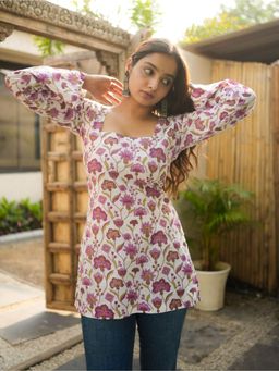 KRUTICO - Flori White Purple Floral Square Neck Bell Sleeve Cotton Short Kurti