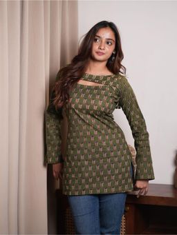 KRUTICO - Mint Mirage Green Convertible Neck Full Sleeve Cotton Short Kurti