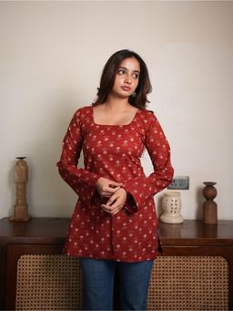 KRUTICO - Sunlit Petal Red Square Neck Bell Sleeve Cotton Short Kurti