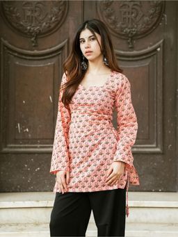 KRUTICO - Sitara Pink Sweetheart Neck Bell Sleeve Printed Cotton Short Kurti