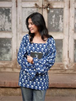 KRUTICO - Sky Flora Blue Printed Square Neck Bell Sleeve Cotton Short Kurti
