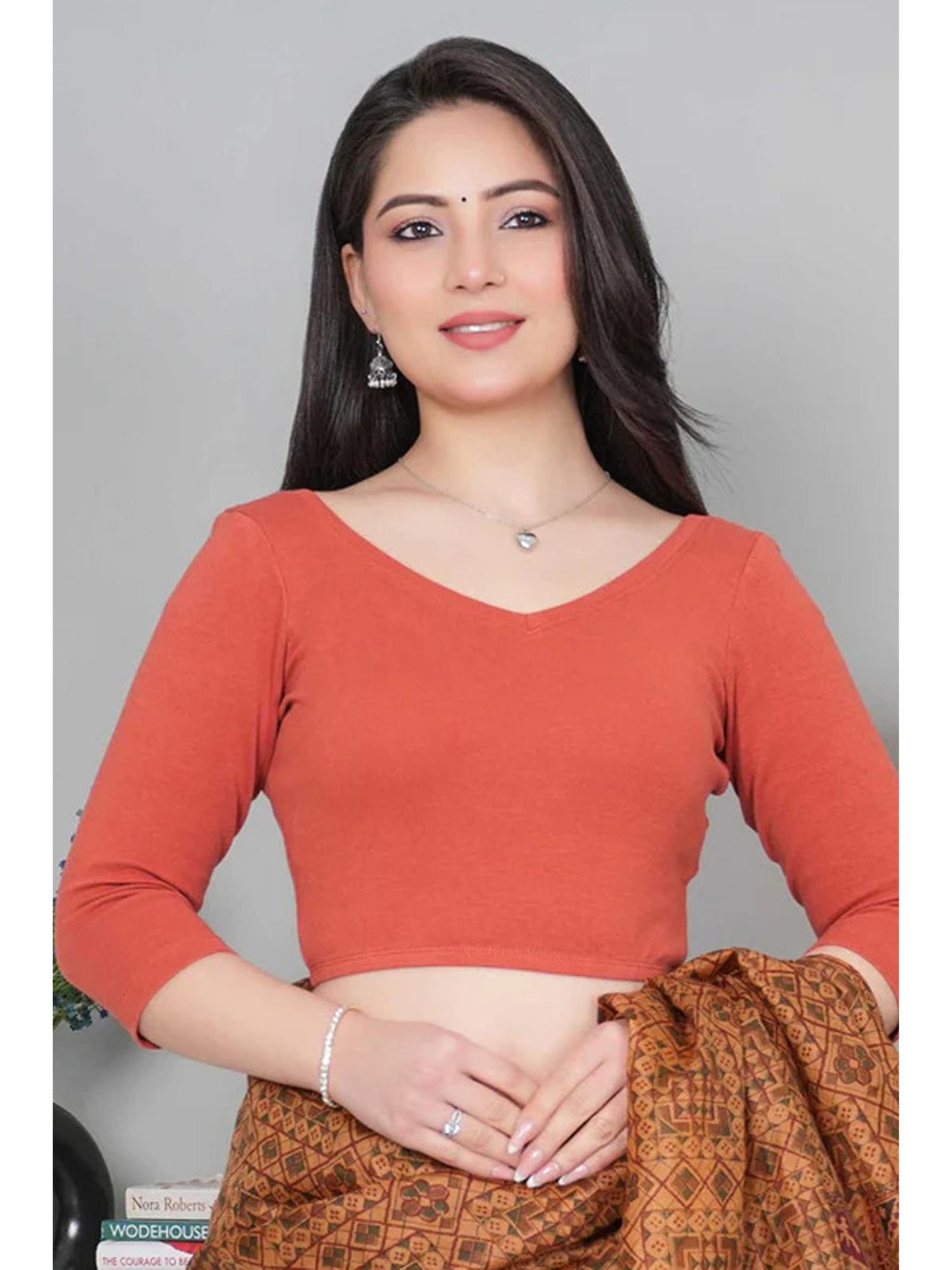mlada Rust Solid V-Neck Three-Fourth Sleeves Cotton Blouse-picture-28