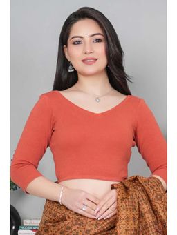 MLADA - Rust Solid V-Neck Three-Fourth Sleeves Cotton Blouse