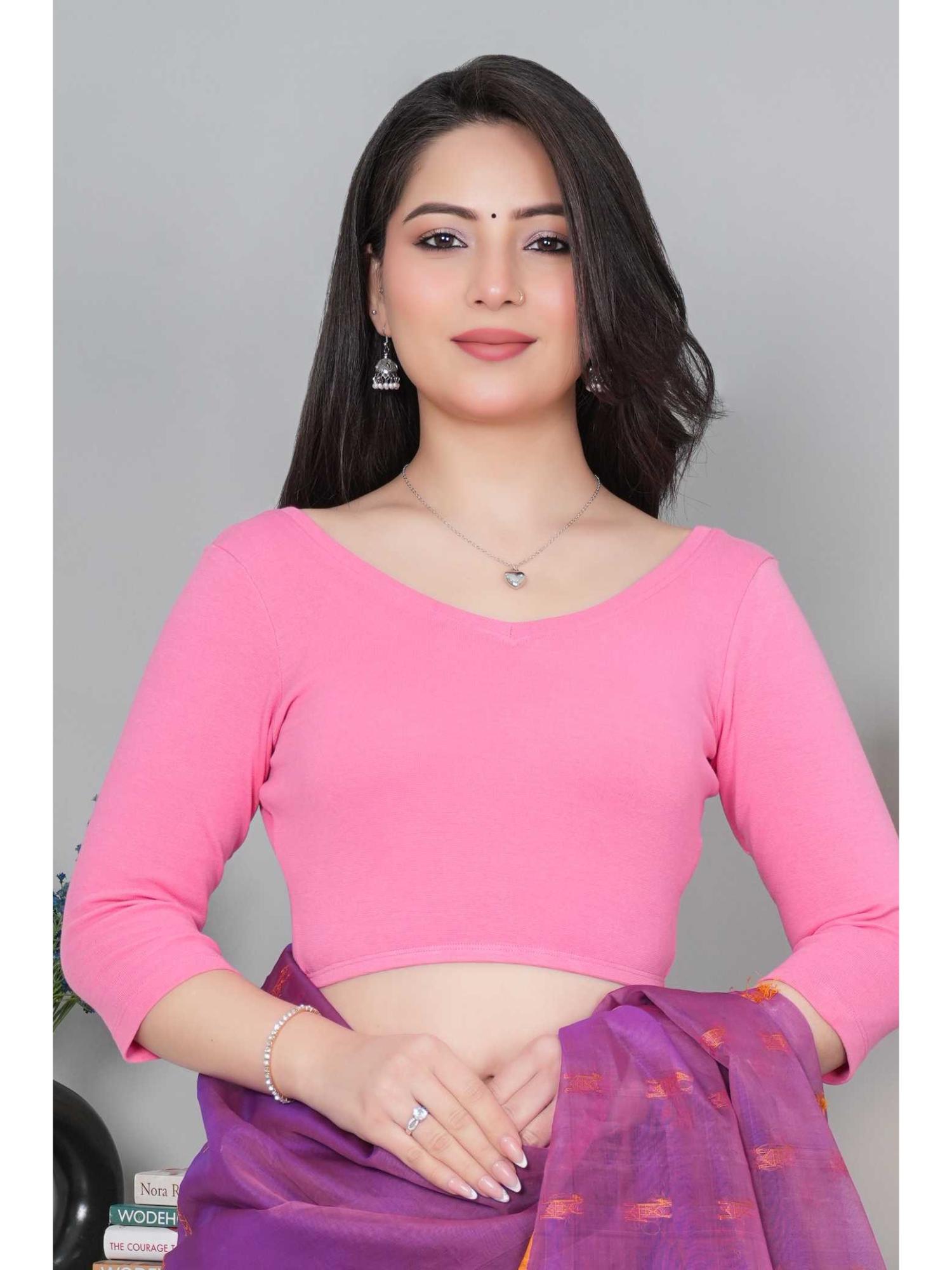mlada Pink Women Solid V-Neck Three-Fourth Sleeves Cotton Blouse-picture-26