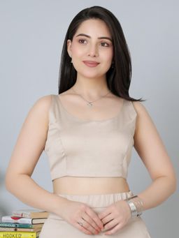 MLADA - Beige Round Neck Solid Cotton Sleeveless Padded Readymade Blouse