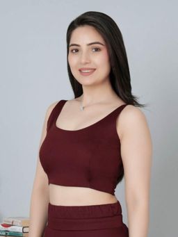 MLADA - Maroon Round Neck Solid Cotton Sleeveless Padded Readymade Blouse