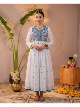 Juniper - White Embroidered Cotton Anarkali Long Dress
