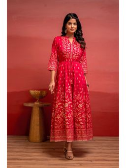 Juniper - Pink Floral Foil Printed Anarkali Long Dress with Belt
