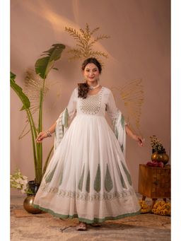 Juniper - White Leaf Printed Anarkali Dress with Dupatta