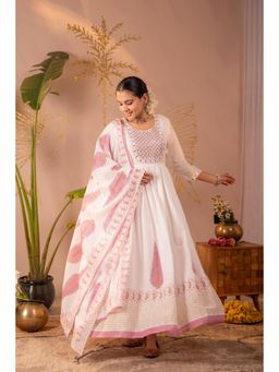 Juniper - Womens White Leaf Printed Anarkali Dress with Dupatta
