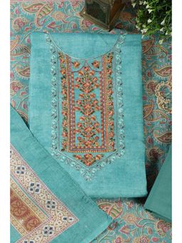 MEENA BAZAAR Since 1970 - Sea Green Cotton Embroidered Unstitched Kurta with Pant and Dupatta