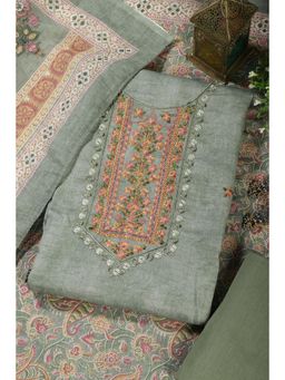 MEENA BAZAAR Since 1970 - Green Cotton Resham Embroidered Unstitched Kurta with Pant and Dupatta