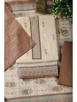 MEENA BAZAAR Since 1970 - Brown Chanderi Cotton Floral Unstitched Kurta with Pant and Dupatta