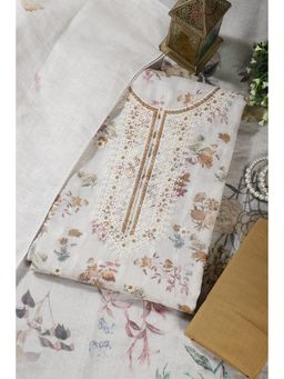 MEENA BAZAAR Since 1970 - Fawn Chanderi Cotton Floral Unstitched Kurta with Pant and Dupatta