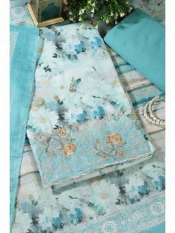 MEENA BAZAAR Since 1970 - Turquoise Floral Embroidered Unstitched Kurta with Pant and Dupatta