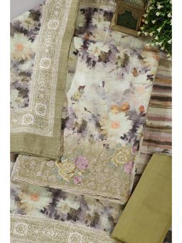 MEENA BAZAAR Since 1970 - Olive Green Floral Embroidered Unstitched Kurta with Pant and Dupatta