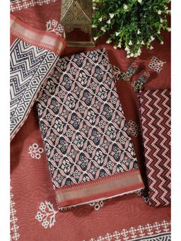 MEENA BAZAAR Since 1970 - Black Cotton Ajrakh Block Print Unstitched Kurta with Pant and Dupatta