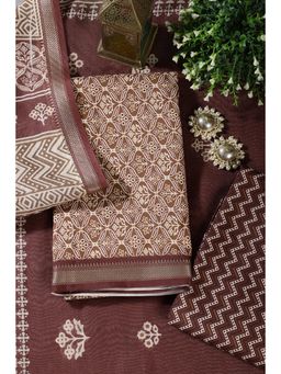 MEENA BAZAAR Since 1970 - Brown Cotton Ajrakh Block Print Unstitched Kurta with Pant and Dupatta