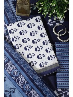 MEENA BAZAAR Since 1970 - Navy Blue Cotton Zari Floral Unstitched Kurta with Pant and Dupatta