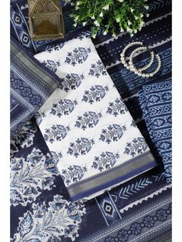 MEENA BAZAAR Since 1970 - Navy Blue Cotton Floral and Zari Unstitched Kurta with Pant and Dupatta