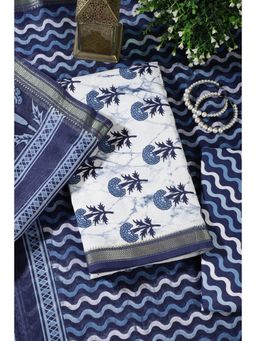 MEENA BAZAAR Since 1970 - White Cotton Floral and Zari Unstitched Kurta with Pant and Dupatta
