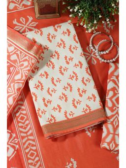 MEENA BAZAAR Since 1970 - Orange Floral Block Print Cotton Unstitched Kurta with Pant and Dupatta