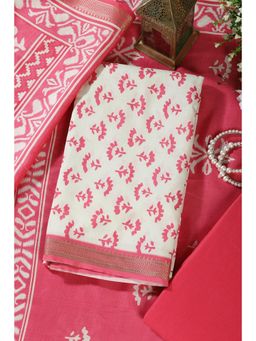MEENA BAZAAR Since 1970 - Dark Pink Floral Print Cotton Unstitched Kurta with Pant and Dupatta