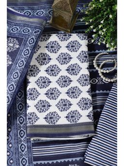 MEENA BAZAAR Since 1970 - Blue Cotton Zari and Floral Unstitched Kurta with Pant and Dupatta