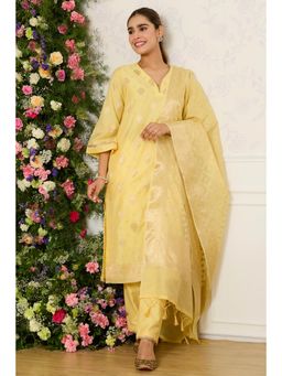 MEENA BAZAAR Since 1970 - Yellow Chanderi Cotton Zari Unstitched Kurta with Pant and Dupatta