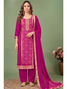 MEENA BAZAAR Since 1970 - Magenta Silk Printed and Zari Unstitched Kurta with Pant and Dupatta