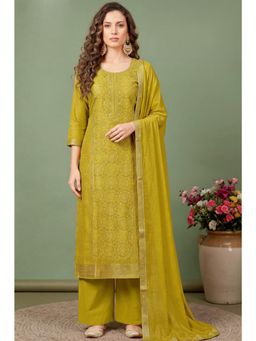 MEENA BAZAAR Since 1970 - Olive Green Silk Printed Zari Unstitched Kurta with Pant and Dupatta