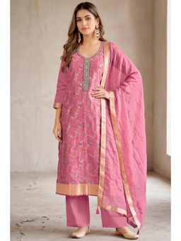 MEENA BAZAAR Since 1970 - Pink Silk Resham And Zari Woven Unstitched Kurta with Pant and Dupatta