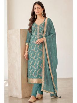 MEENA BAZAAR Since 1970 - Teal Silk And Zari Unstitched Kurta with Pant and Dupatta