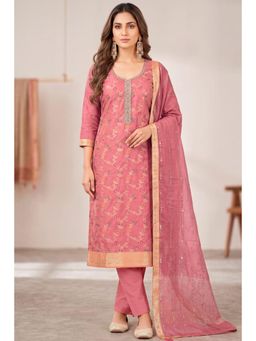 MEENA BAZAAR Since 1970 - Dusty Peach Silk And Zari Woven Unstitched Kurta with Pant and Dupatta