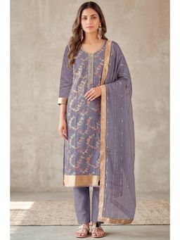 MEENA BAZAAR Since 1970 - Lavender Silk And Zari Woven Unstitched Kurta with Pant and Dupatta