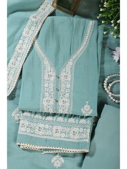 MEENA BAZAAR Since 1970 - Teal Muslin Resham Embroidered Unstitched Kurta with Pant and Dupatta