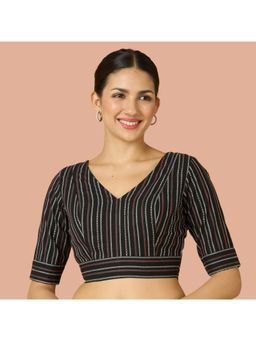 Studio Shringaar - Women's Black Handloom Cotton Striped Readymade Blouse