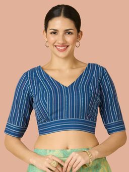 Studio Shringaar - Women's Blue Handloom Cotton Striped Readymade Blouse