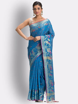 Angoshobha - Blue Cotton Blended Handloom Tangail Saree with Unstitched Blouse