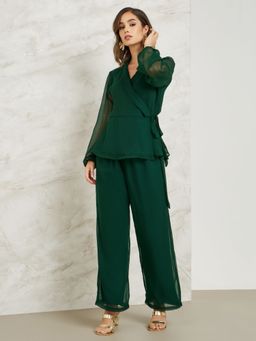 Styli - Women Wrap Top with Lapel Collar and Wide Leg Pants Green (Set of 2)