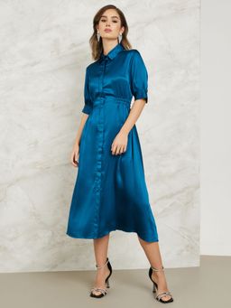 Styli - Women Blue Midi Length Shirt Collar Dress