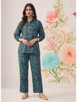 Lakshita - Women Smokey Blue Printed Rayon Co-Ord (Set of 2)