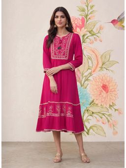 Lakshita - Fuchsia Embroidered Crinkled Viscose Dress For Women
